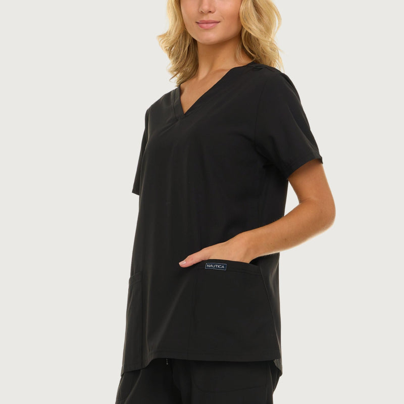 Nautica Womens Scrubs Tops, 3 Pack V-Neck Breathable Scrub Tops Women, 3 Pocket Stretch Fabric Scrubs for Women 3 Pack Blk/Blk/Blk Medium