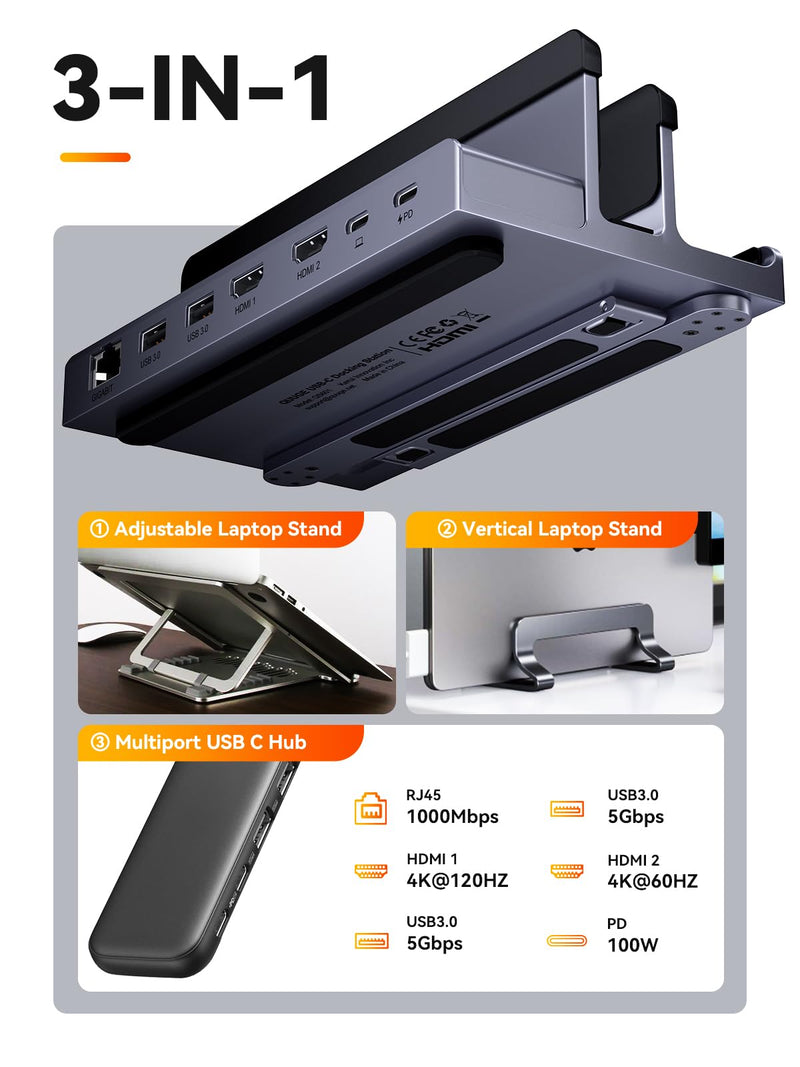 Laptop Docking Station Stand Dual 4K Monitor: QUUGE USB C Docking Station Dual Monitor for Laptop, 2 HDMI (Single 4K@120Hz), 2 USB3.0 Ports, 100W PD, RJ45 Ethernet, Universal Laptop Stand USB C Dock 6IN1