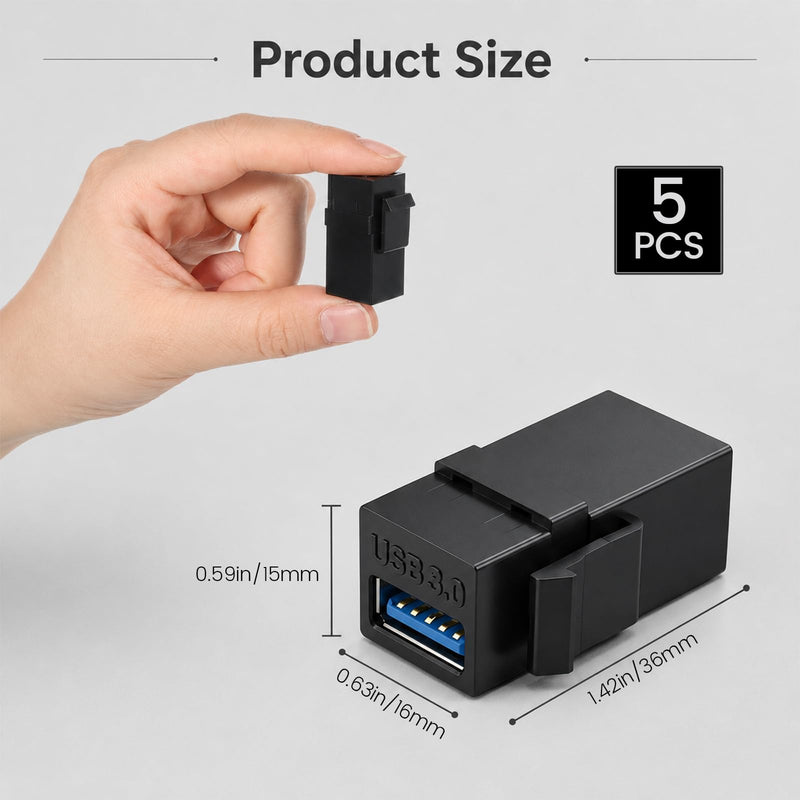 USB 3.0 Keystone Jack Insert, 5 Pack USB Keystone Jack Female to Female Coupler for Wall Plates Panels and Wall Plate Outlet Panel, Black