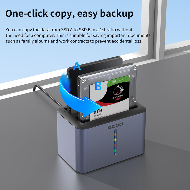 GODO USB 3.0 to SATA I/II/III RGB Dual-Bay Aluminum External Hard Drive Enclosure, Compatible with 2.5-inch SATA HDDs and SSDs, Supports up to 2×8TB Drives