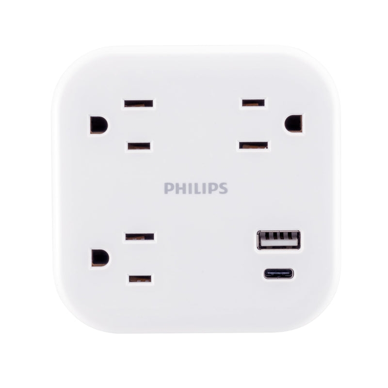 Philips 3-Outlet Surge Outlet Extender with USB, 1 USB-A, 1 USB-C, 12W, 980J, White - SPP9393W/37 3 Outlet | USB