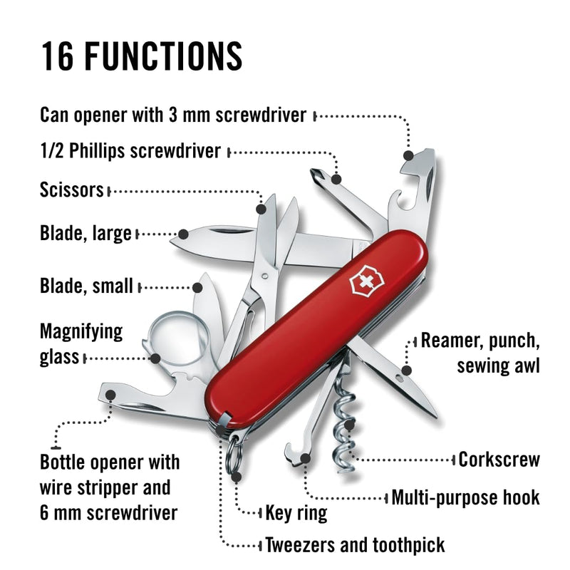 Victorinox Explorer Swiss Army Knife - 16 Function Pocket Tool - Red | Swiss Made Multi-Tool with Magnifying Glass, Phillips Screwdriver, Scissors, 2 Blades, and Can Opener - 91 mm Compact Size
