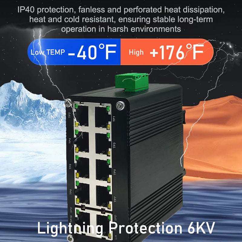 10-Port Gigabit Ethernet Switch - Industrial-Grade Unmanaged Network Hub with Din-Rail or Wall Mount, Full Duplex Desktop,Fast Connection,Plug and Play, Rugged Metal Case, Wide Temperature Range