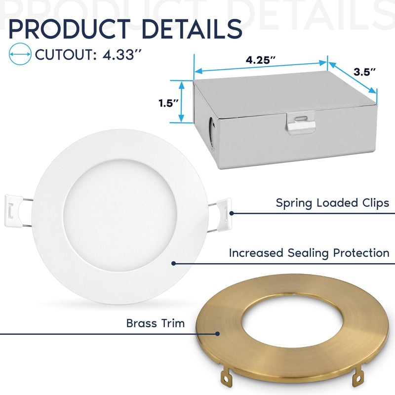 LUXRITE 4 Inch Ultra Thin LED Recessed Light with J-Box, 10W, 5 Color Options 2700K | 3000K | 3500K | 4000K | 5000K, Dimmable Wafer Lights, 750 Lumens, Brass Trim, Energy Star, IC Rated 1 Count (Pack of 1)