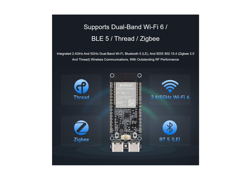 waveshare ESP32-C5 Development Board Wi-Fi 6 Devkit with pre-soldered Header Based on ESP32-C5-WROOM-1 Series Module,240MHz and 5GHz Dual-Band,32MB Flash and 8MB PSRAM,with Built-in Antenna