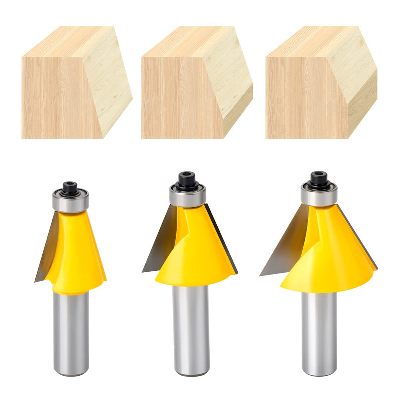 3Pcs Chamfer Router Bit Set, 1/2-Inch Shank Round Nose, Cutting Angle: 15, 22.5, 30 Degree, 1 Inch Cutting Length 1/2" Shank
