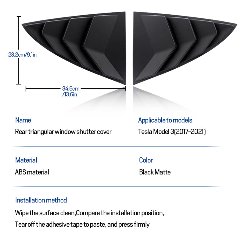 KUNGKIC for Tesla Model 3 2017-2024 Rear Side Window Louvers Air Vent Scoop Louvers Window Scoop Louvers Covers ABS Sun Rain Shade Vent Sport Style 2PCS Cool Exterior Decoration (Matte Black) Matte Black