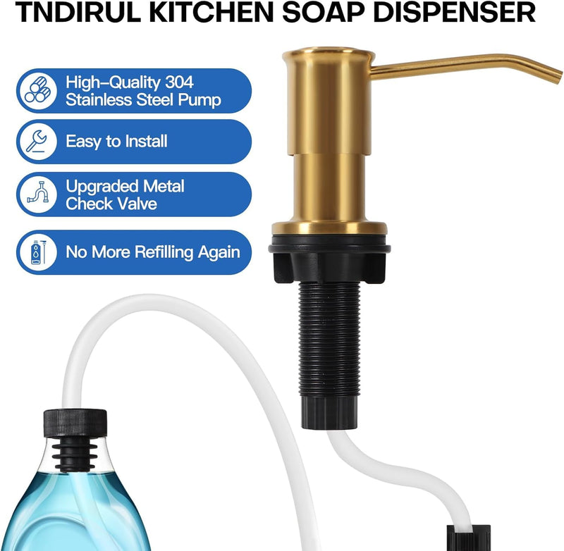 Soap Dispenser for Kitchen Sink, Brushed Gold Built in Soap Dispensers, Stainless Steel Sink Soap Dispenser or Lotion Dispenser Pump with 47" Extension Tube Kit, Upgraded Metal Check Valve