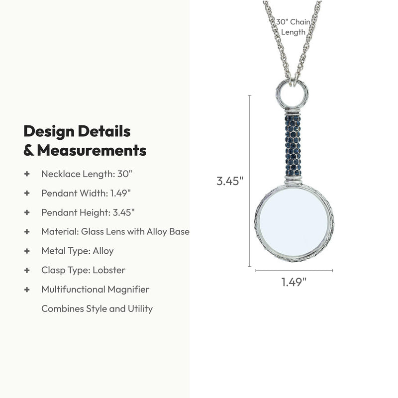 1928 Jewelry Montana Blue Pave Crystal Magnifying Glass Necklace for Women Pendant Enhancer, 30 Inch - Magnification Power: 2-3X, Multifunctional Magnifier Perfect for Reading Books, Made in USA