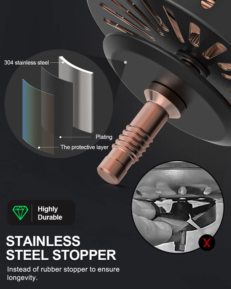 BOTEMY B9171 Copper Kitchen Sink Drain Kit 3 1/2 Sink Strainer for Kitchen Sink with Stainless Steel Strainer Stopper Drain Assembly Basket Strainer Fit Standard Sink Drain Hole(Antique Copper) Antique Copper