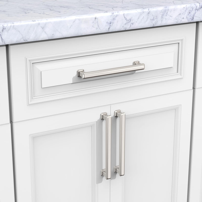 FURNIWARE 10 Pack 5"(128mm) Hole Center Brushed Satin Nickel Stepped Kitchen Cabinet Pull Handles, Heavy Duty Kitchen Cabinet Hardware for Bathroom Cupboard Drawer Pulls Dresser Pulls 5" Hole Center（128mm）