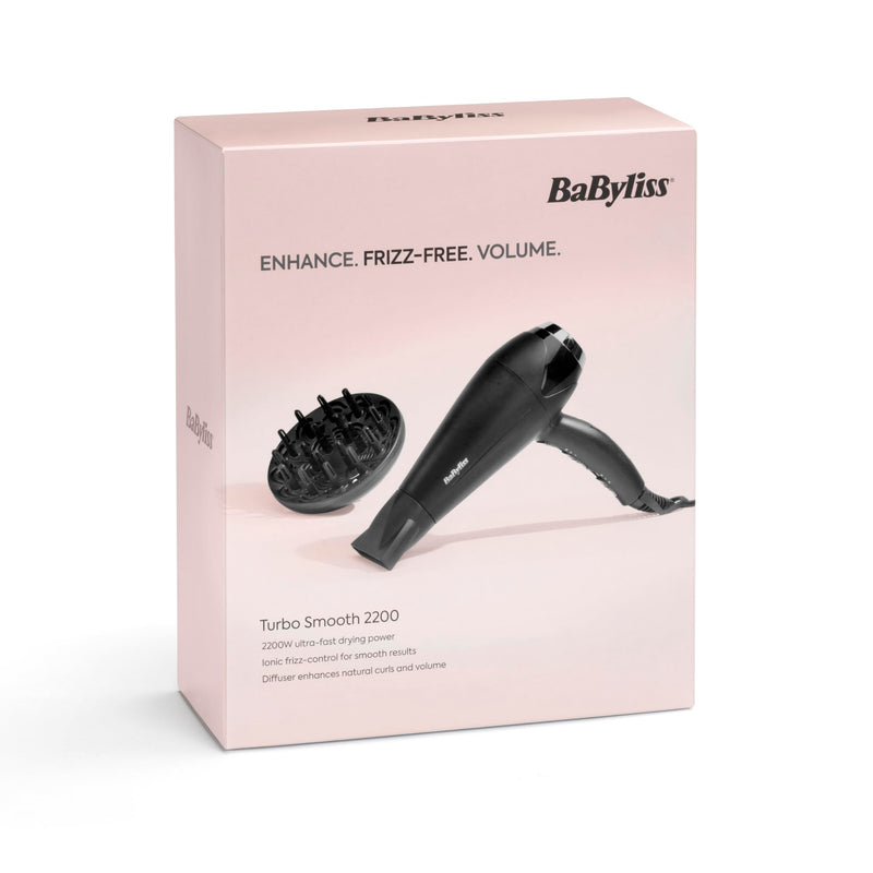  [AUSTRALIA] - BaByliss Turbo Smooth Hair Dryer - 2200W Powerful Blow Dryer, Large Diffuser, Ionic Frizz-Free Conditioning, 3 Heat & 2 Speed Settings, Black, 5572U 5572U - UK SKU