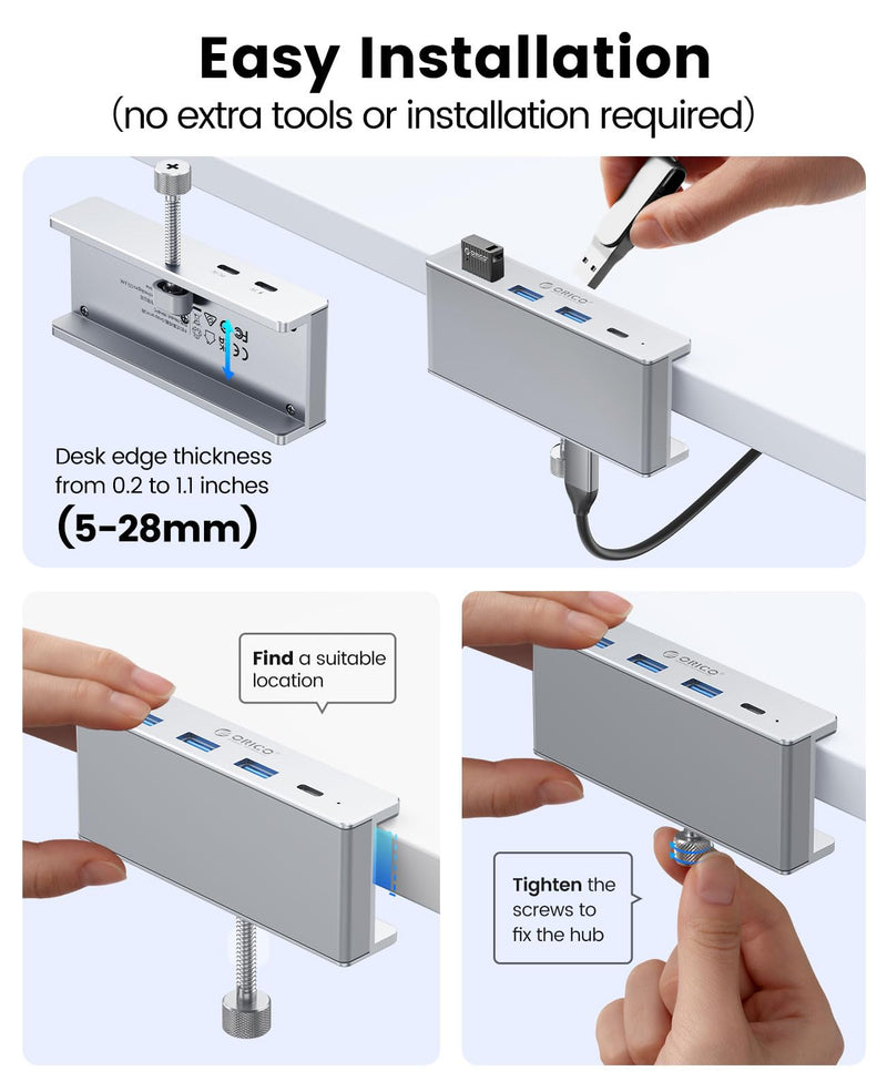 ORICO USB Hub 3.0, Clamp USB Hub with Extra Power Port, Aluminum 4-Port USB Adapter with 3 USB-A Data Ports, USB-C Port for Monitors, Desks(Silver) Silver