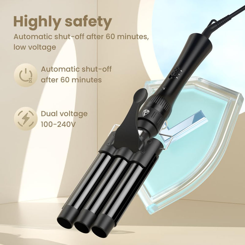 Hair Waver Curling Wand Iron Tong, Chopstick, 5 in 1 Hair Curler for Long Hair 10mm-32mm with 2 Crocodile Clips 1 Anti-Scald Silicone Gloves, PTC Ceramic Triple Barrels LCD 180°C & 210°C Black