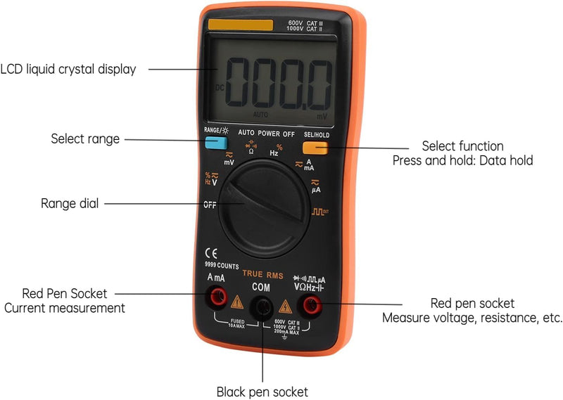 Digital Multimeter Autoranging, True-RMS Multimeter Leads Probes Clips for AC DC Voltage Ammeter Current Ohm Meter