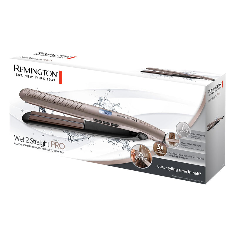 Remington Wet2Straight Pro Hair Straightener - Excl Venting System removes excess water - no need to blow dry. - Moisture sensor- adjusts the temperature of the plates each pass, Up to 230°C, S7970 | Exclusive Venting System Removes Excess Water, No Ne...