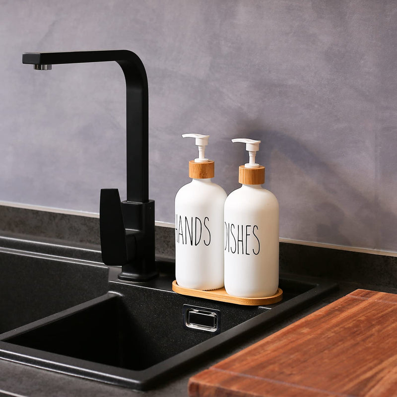 MOMEEMO White Soap Dispenser Set, Contains Hand and Dish Soap Dispenser, Suitable for Kitchen Decor. (White) Hd White & Tray