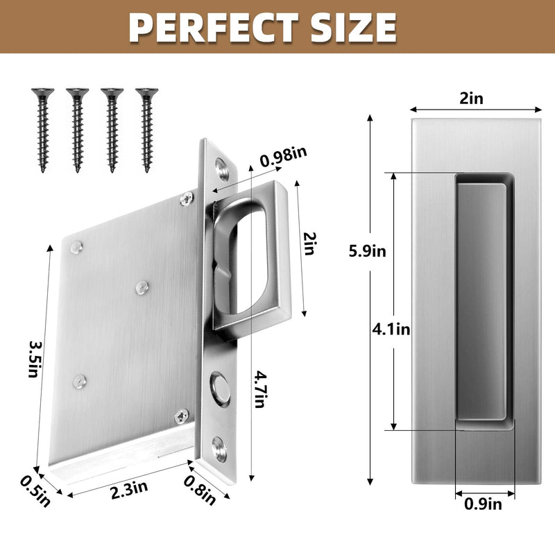 6-Inch Pocket Door Hardware Set - Complete 304 Stainless Steel Kit with Pop-Out Ring Pocket Door Handle, Edge Pull,Door Thickness Minimum 1 7/14 inches Silver