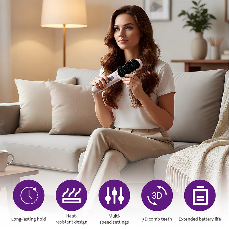 GlowWave Heated Brush, 2026 Cordless Hair Straightener Brush, 3 Heat Settings & LED Screen Glowcept Heated Brush, Portable & Rechargeable Heated Styling Brushes for Travel & Everyday Use (Purple)