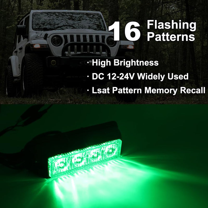 2 PCS 4-LED Emergency Strobe Lights for Trucks 12-24V Warning Flashing Light Surface Mount Hazard Light Bar for SUV Car ATV Vehicles Green