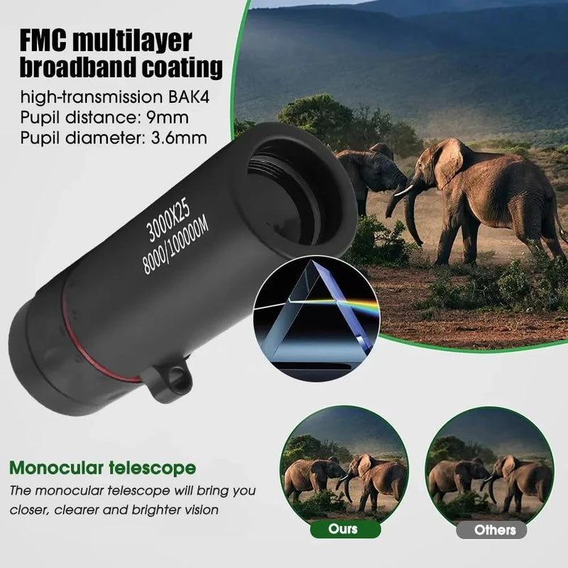 Portable Binoculars, 3000x25 Long-Focus HD Professional Monocular for Adults, Suitable for Outdoor Camping and Hunting (Black) Black