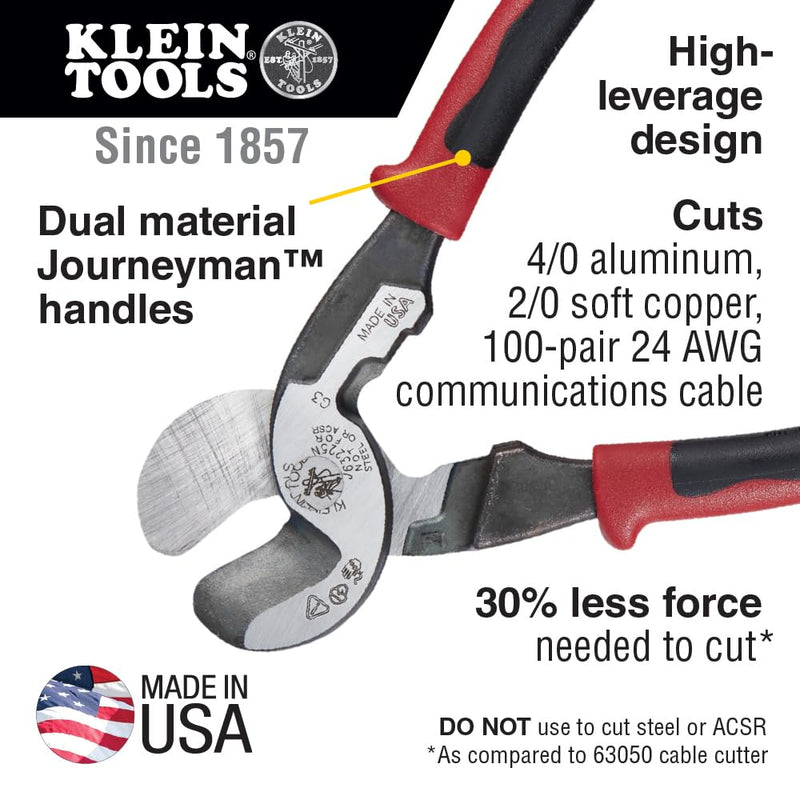 Klein Tools J63225N Cable Cutter, Made in USA, Journeyman High-Leverage Wire Cutter and Stripper for Cutting Aluminum, Soft Copper and Communications Cable Cutter / Stripper