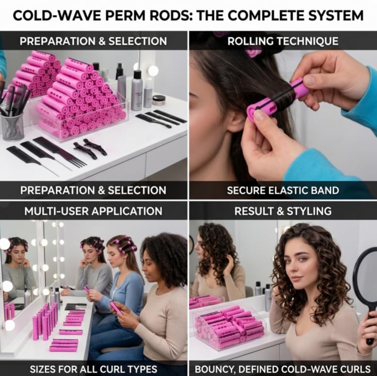 60 Pack 0.75 Inch Cold Wave Perm Rods Purple Plastic Hair Curlers with Caps and Bands Salon Hair Styling Rollers for Home and Professional Use
