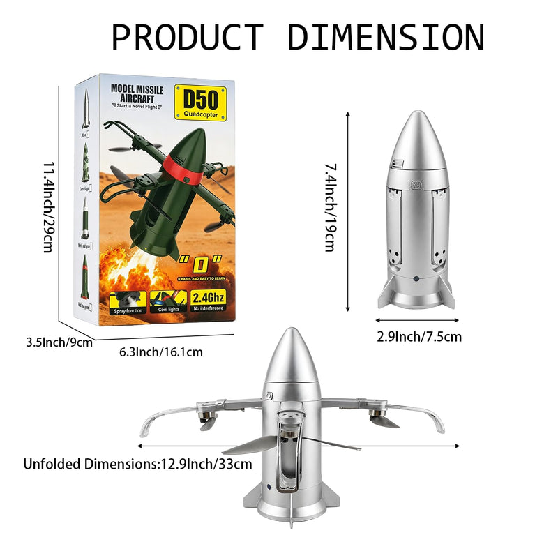 Remote Control Rocket Drone 2.4GHz RC Missile Quadcopter with Spray Exhaust & LED Lights, Easy to Fly Aircraft for Beginners Boys, Outdoor Gifts
