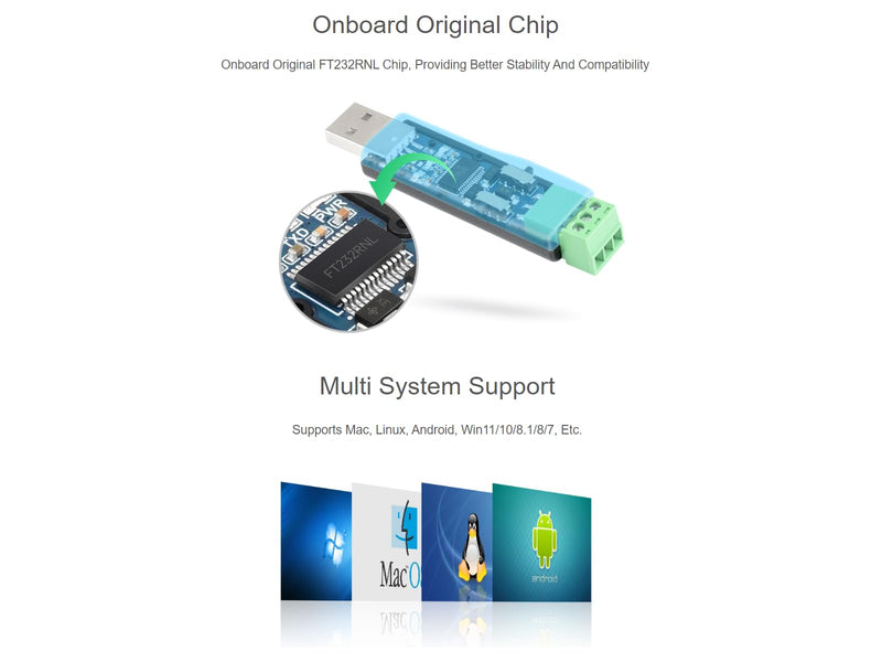 waveshare USB to RS232 RS485 Serial Converter Adapter Onboard Original FT232RNL Chip,Supports Mac, Linux, Android, Win11/10/8.1/8/7