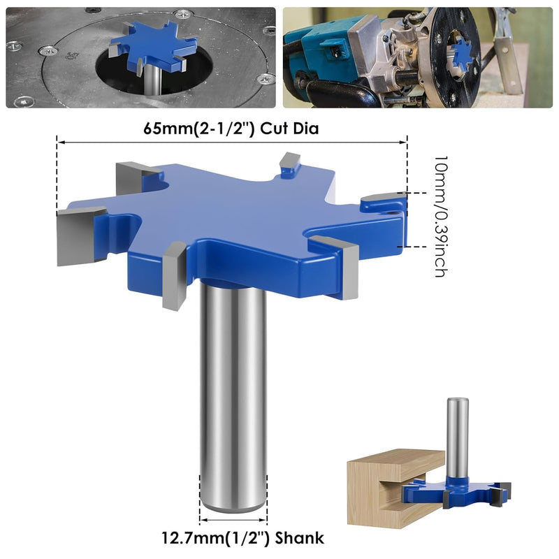 2PCS Slab Flattening Router Bit 1/2 Shank, 2-1/2" Cut Dia, 6 Flute Surfacing Router Bit Efficient Slab Flattening Multifunctional Planing for Solid Wood Density Board Laminate 1/2" Shank Blue