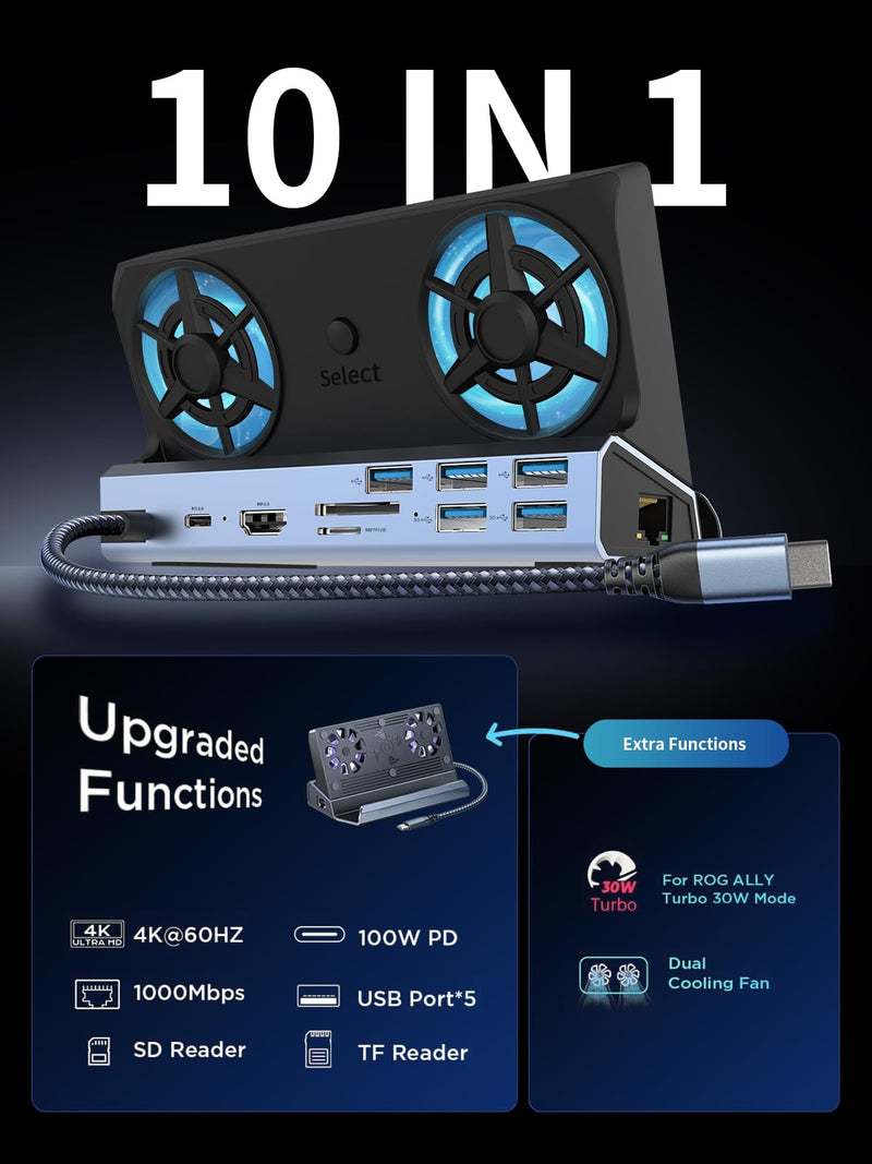 10-in-1 Docking Station for Steam Deck OLED & ROG Ally X & Legion Go, Dual Cooling Fan 5 USB Ports, 4K@60Hz HDMI 2.0, 100W Charging Port Support ROG Ally 30W Mode, Gigabit Ethernet, SD/TF