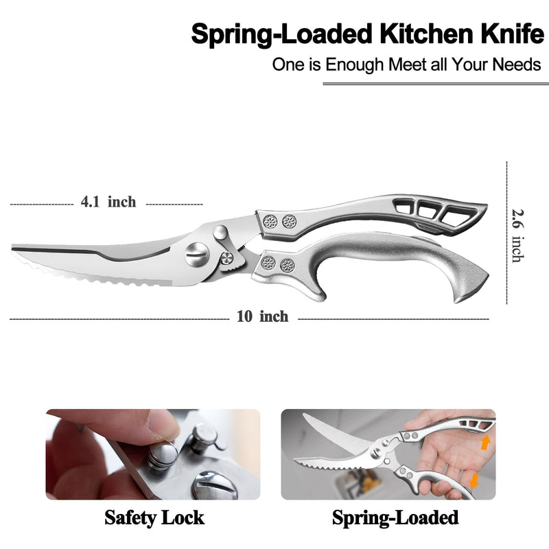 Poultry Shears Heavy Duty Professional, Multipurpose Kitchen Shears with Sheath, Spring-Loaded Stainless Steel Chef Scissors Cutting Bone, Chicken, Fish, Food, Meat, Full Steel Handle Silver