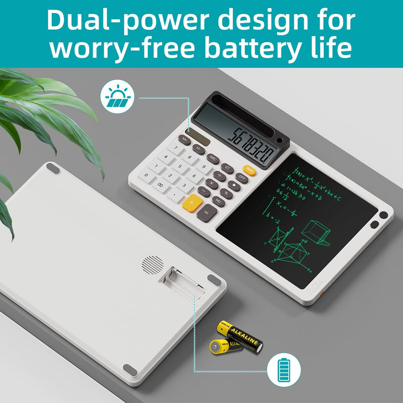 Solar Calculator with 7.5 inc LCD Writing Membrane, 15° Tilt for Easy Reading, Integrated Phone Stand, Voice & Silent Modes, Anti-Slip Pads for Stability, Ideal for Office & Study Use (White)