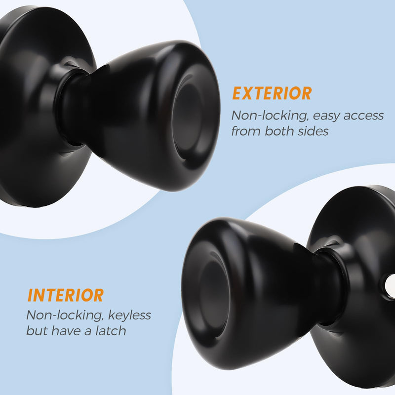 KNOBWELL 2 Pack Passage Door Knobs Interior Black Door Knob for Hall and Closet, No Locking Keyless Tulip Round Door Knobs, Matte Black Interior Door Knob Passage Door Knob(No Lock)