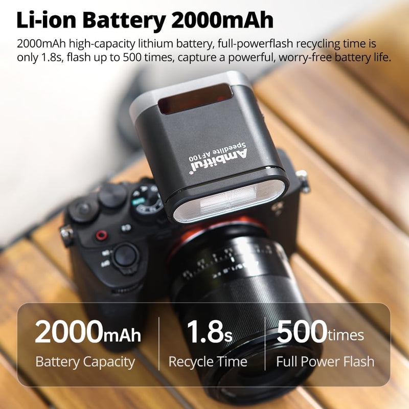 Ambitful Flash AF100 Mini Flash - Camera Flash GN12, 8 Power Levels, Built-in 2000mAh Battery Manual Speedlite Compatible for Canon/Sony/Ricoh gr3/Nikon/Fuji 0.1~1.8S Recycle