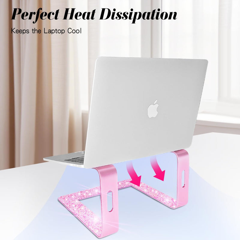 Bling Aluminum Laptop Stand,Glitter Ergonomicic Computer Stand for Desk with Sparkle Rhinestones,Detachable Notebook Riser Compatible with Air, Pro, Dell, HP, 10-15.6" Laptops (Pink) Pink