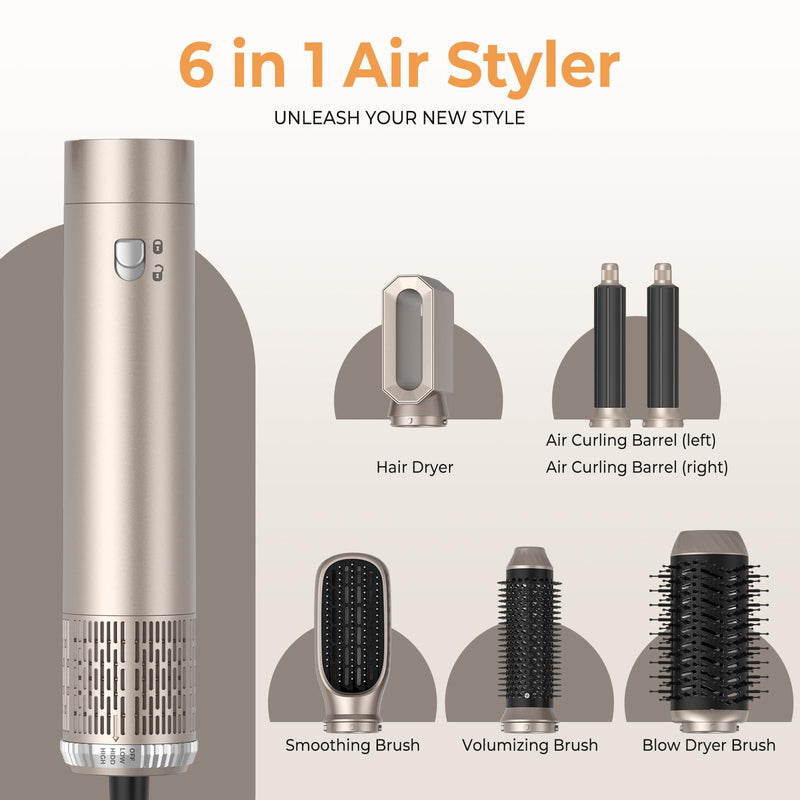 6 in 1 Hair Styler,Airbrush Air Styler 1000w Blow Dryer Brush Set | 30mm Air Curler, Hair Styling Tool Multistyler, Smooth Shine Volumize Curl Straighten Brush,Blow-Out Look Slivery