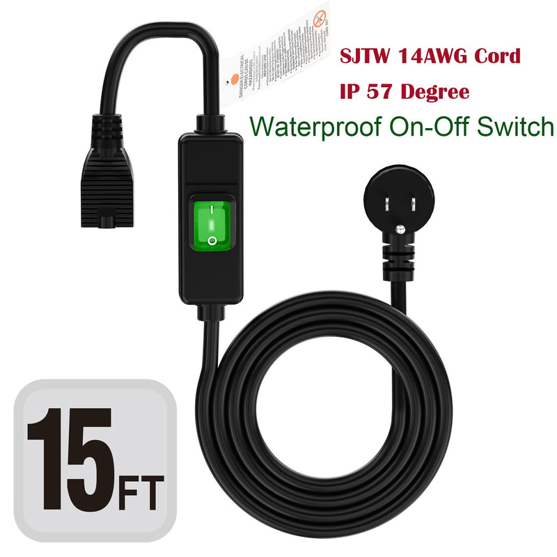 Right Angle Outdoor Waterproof 3 Prong Extension Switch Cord 15FT | SJTW 14AWG 3C IP57 Waterproof, in-Line On/Off Switch Extension Cord, Max.20A 125V Heavy Duty Inline Switch 15-Feet