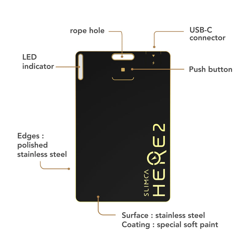 SLIMCA HERE 2 1.3mm USB-C Rechargeable Tracker Card, Compatible with Apple Find My and Android Devices, Wallet Passport Luggage Tracker, 80dB Alarm, Easy Switch