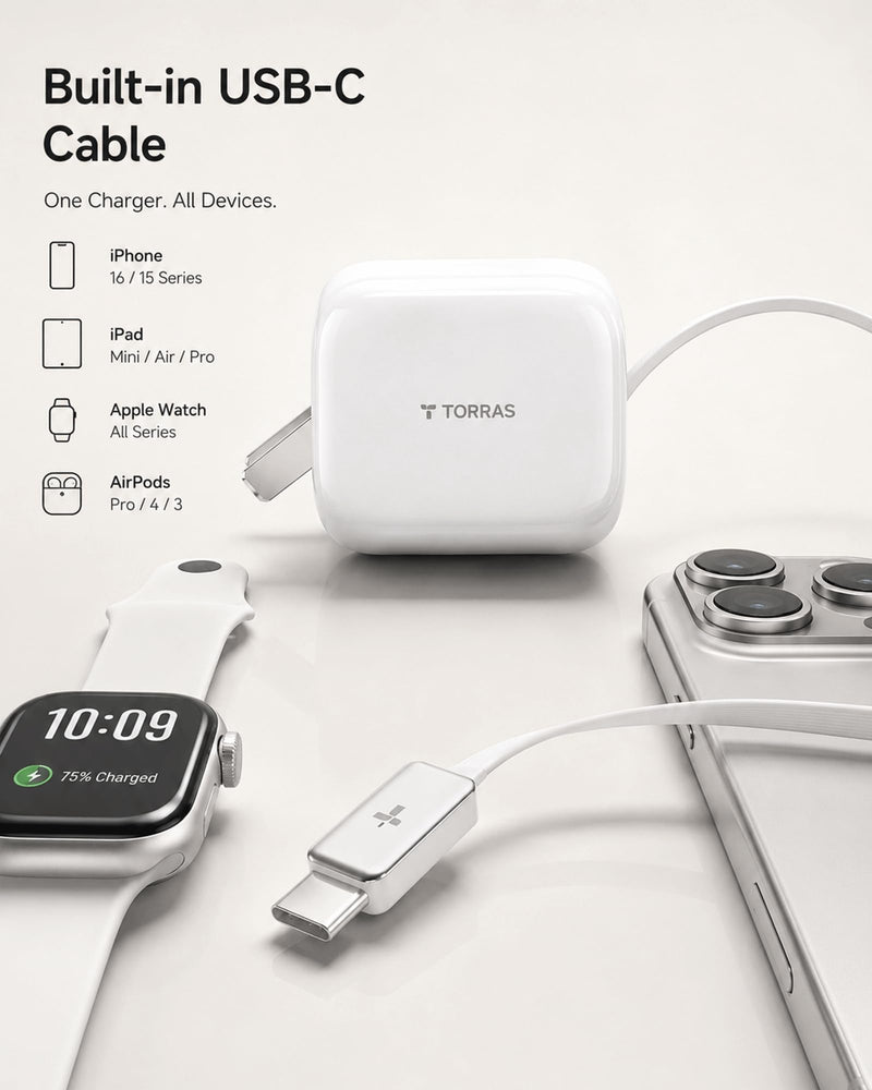 TORRAS FlexLine 40W USB C Charger,Dual-Port GaN Retractable Wall Charger | iPhone17/16/15,iPad,Macbook,Galaxy Compatible,Retractable Cable&Foldable Plug,Fast Charging,GaN,Travel and Desk Use