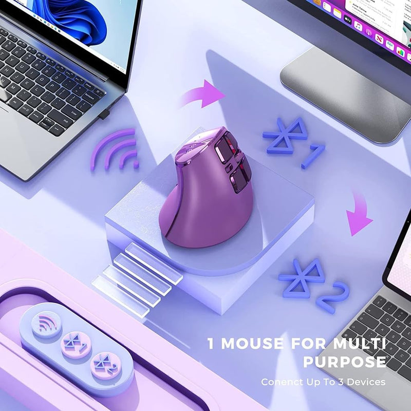 JOMAA Vertical Ergonomic Wireless Mouse, 2.4G and Bluetooth 5.0/3.0 Dual Mode, Silent, 3 Adjustable DPI Levels, Rechargeable, for Laptop/PC/Mac/iPad/Android Purple