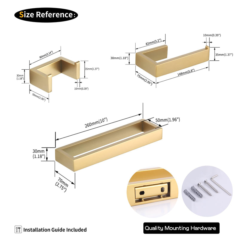 GERZWY Bathroom Accessory 3-Piece Set SUS 304 Stainless Steel Toilet Paper Holder Towel Ring Towel Hooks Wall Mount Gold Finished HG1708-3BE