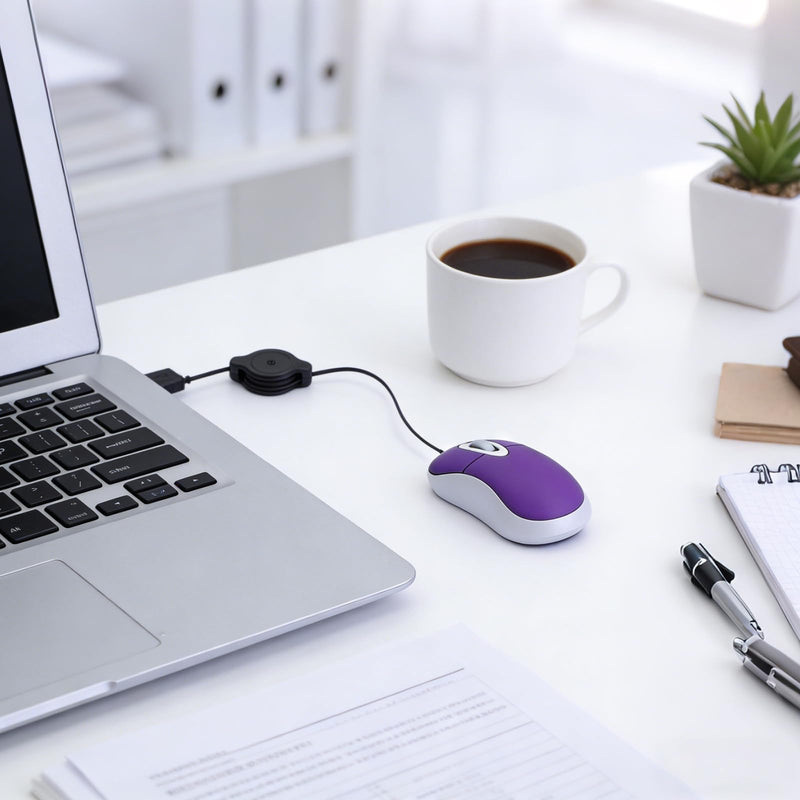 Abaodam Mini USB Mouse with Retractable Cord, Portable Wired Optical Computer Mice for Laptop, Small Travel for Office Business Home School Woman Men Girls Boys Present - Purple