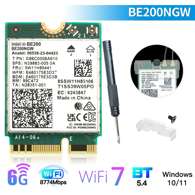 WiFi 7 Card BE200 M.2 Key E Tri-Band 6GHz/5GHz/2.4GHz Up to 5.8Gbps BT 5.4 Compatible with WiFi 7/6E/6/5 Routers for Windows 10/11 (Not Supported on AMD Motherboards)