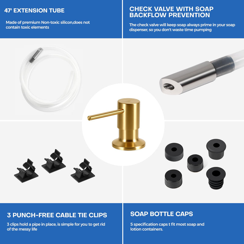 Brushed Gold Soap Dispenser for Kitchen Sink, Built in Soap Dispensers, Stainless Steel Sink Soap Dispenser or Lotion Dispenser Pump with 47" Extension Tube Kit, Upgraded Metal Check Valve Brushed Gold