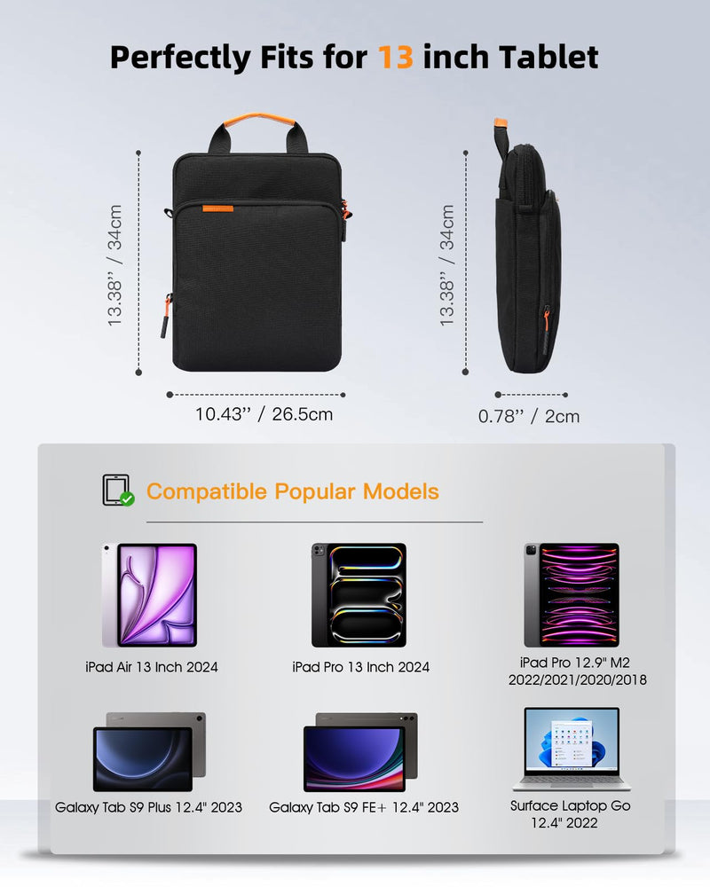 TiMOVO 13 Inch Tablet Shoulder Bag for iPad Air 13 Inch 2024,iPad Pro 13 Inch 2024,iPad Pro 12.9 M2 2022/2021/2020,Galaxy Tab S8+/S9+ 12.4" 2022/2023,360° Protection Tablet Sleeve with Handle, Black