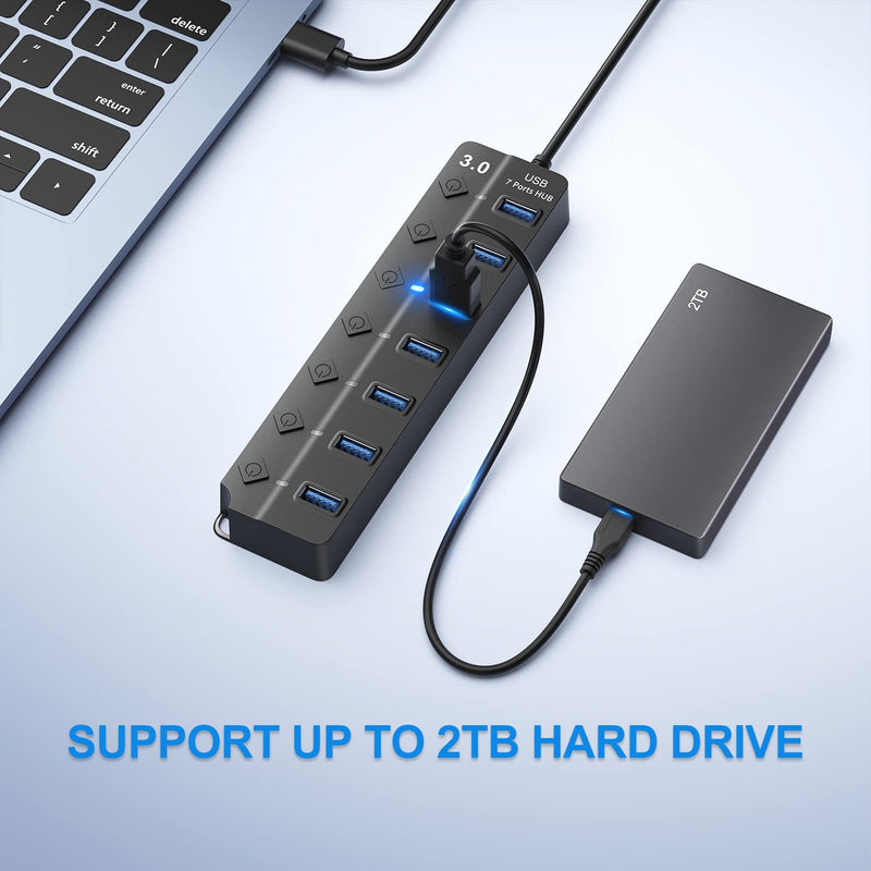 USB Hub 3.0, 7-Port USB Hub Splitter with Individual On/Off Switches and Lights, 3.2ft/1m Long Cable Compatible with MacBook, Laptop, Surface Pro, PS4, PC, Flash Drive, Mobile HDD Black