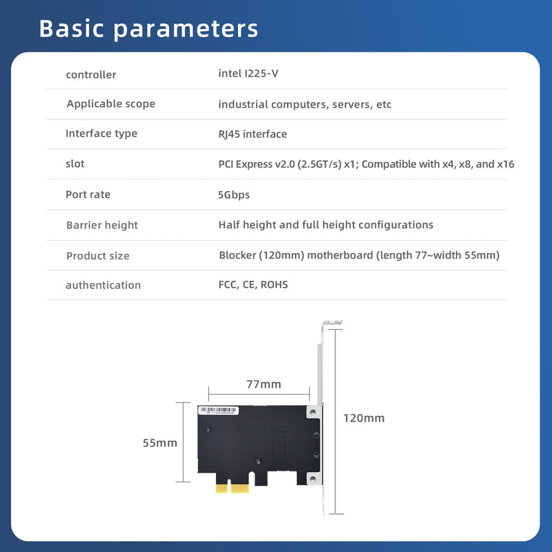 Single Port 2.5G Gigabit Network Card with Intel I225 Chip PCI-E X1 Ethernet Adapter, RJ45 LAN NIC Card Support 10M/100M/1000M Speeds Compatible Windows10、11