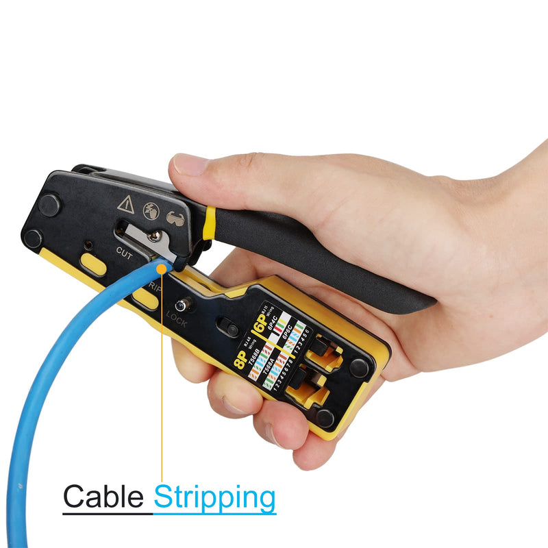 Solsop Pass Through RJ45 Crimp Tool Kit Ethernet Crimper CAT5 Cat5e Cat6 Crimping Tool Kit 6P/8P Crimper Set Yellow-A