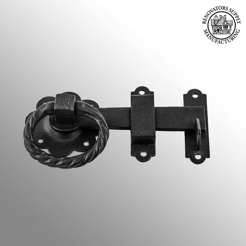 Renovators Supply Manufacturing Black Wrought Iron Floral Ring Pull Gate Latch Fence Door Lock with Mounting Hardware Pack of 1